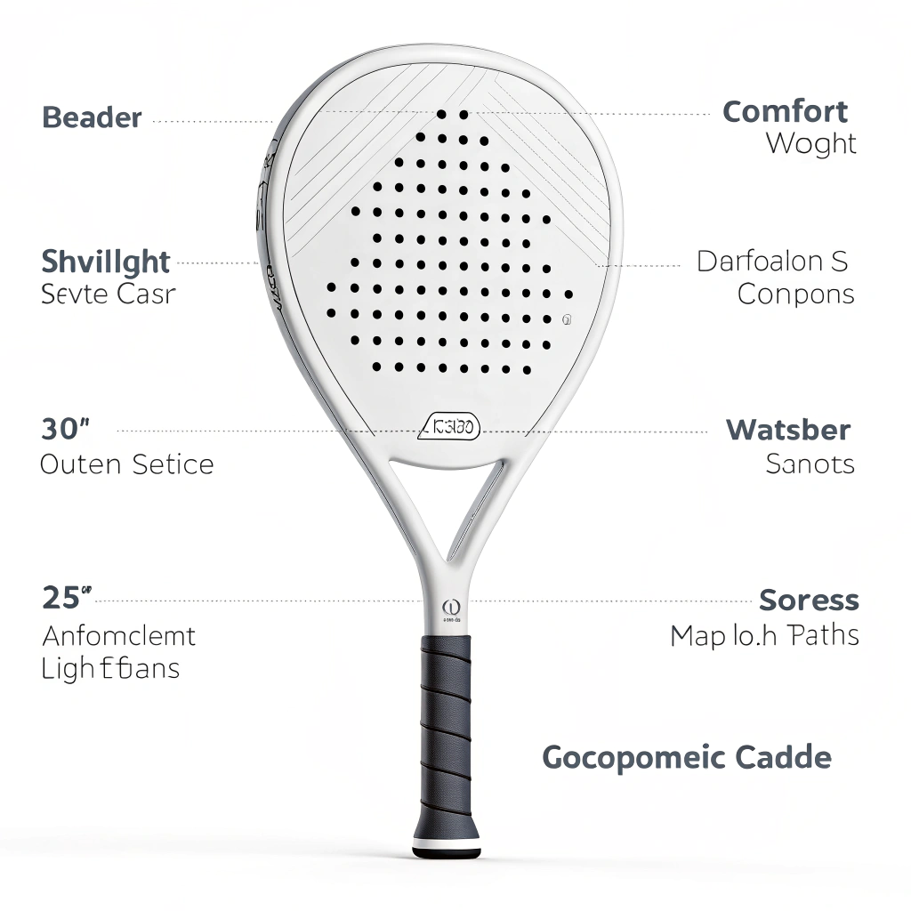 Minimalist illustration of a padel racket highlighting ergonomic balance and handle design.