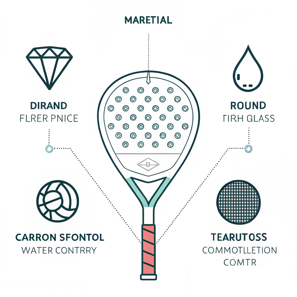 Minimalist 2D illustration of a high-performance padel racket with technical production elements.
