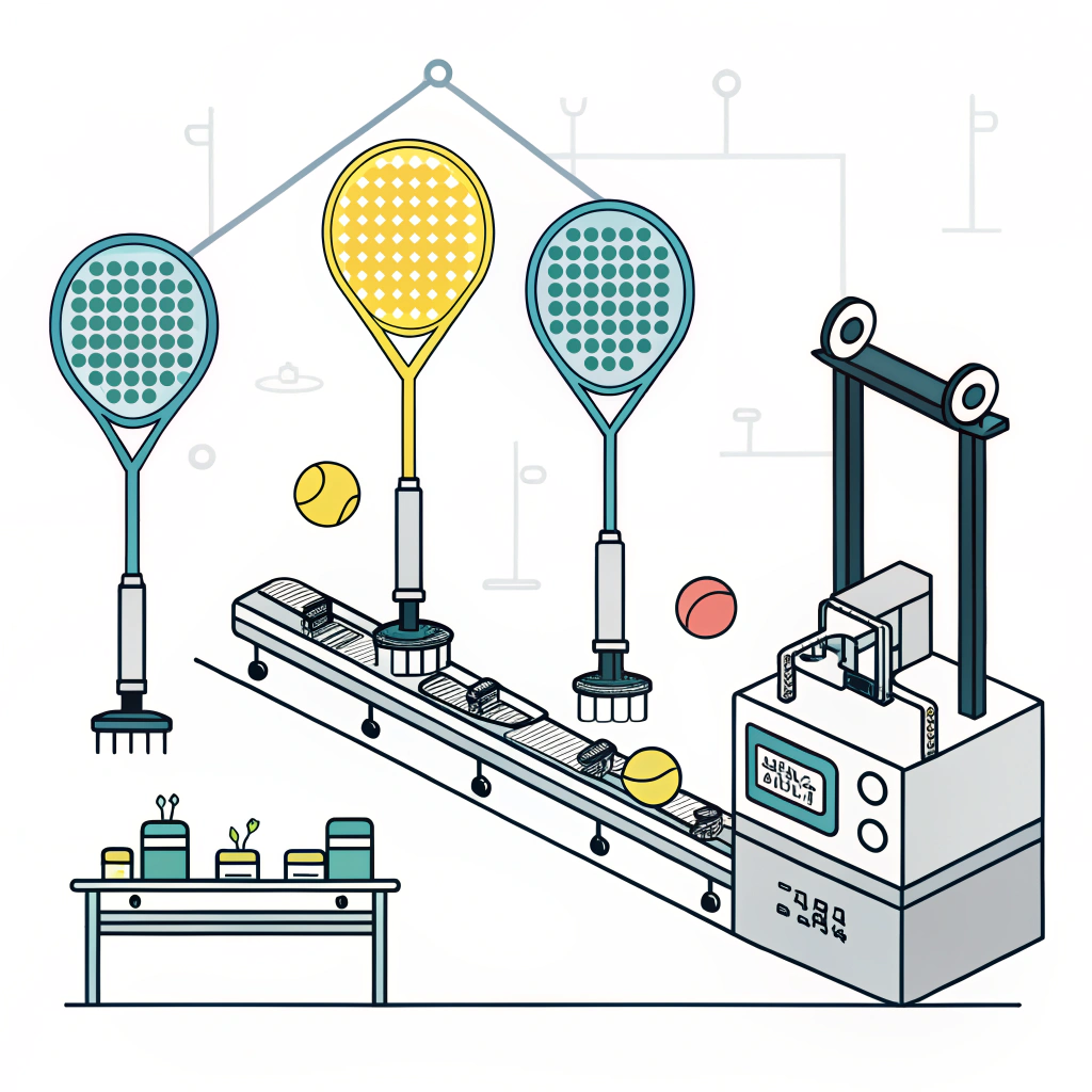Minimal 2D illustration of automated padel racket production facility with clean design.