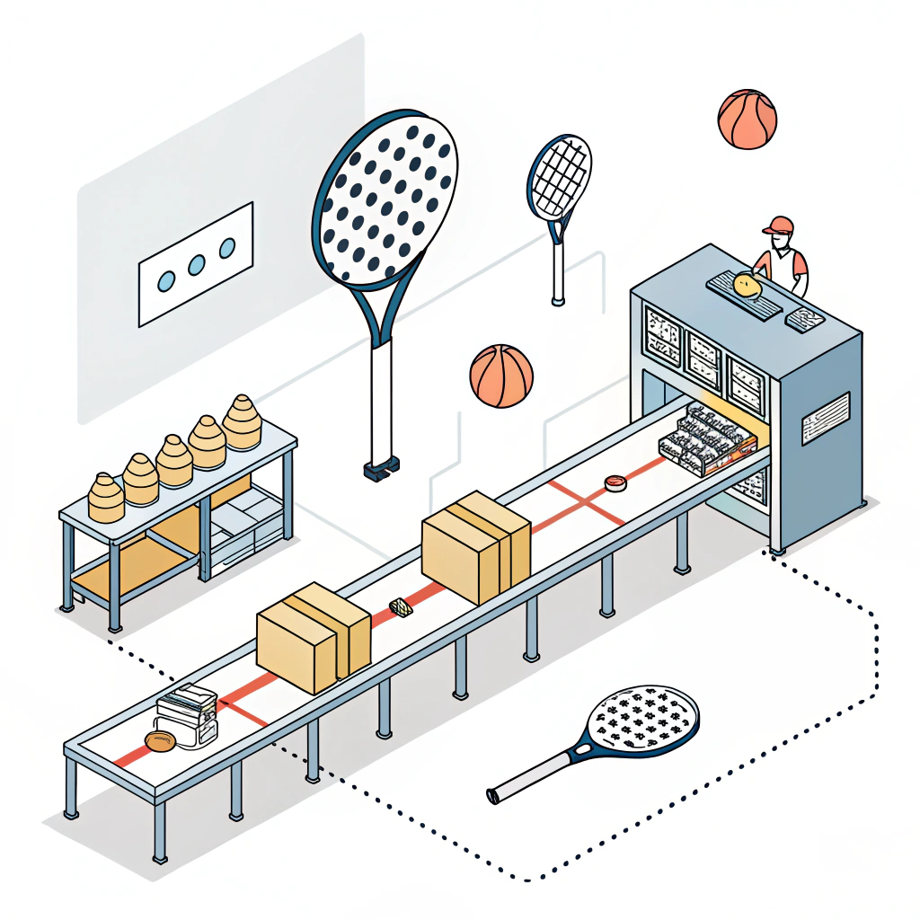 Simple 2D illustration of a padel manufacturing process showcasing customizable rackets production