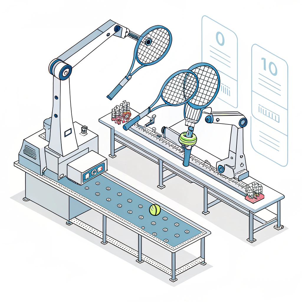 2D minimalistic illustration of padel production automation with robotic arms