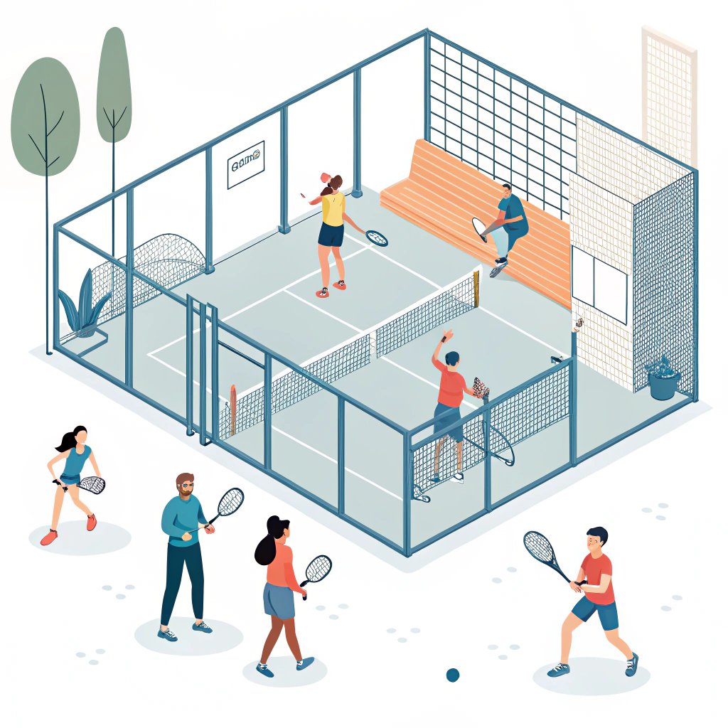 Minimalist 2D padel club illustration showcasing innovative add-on services integration.