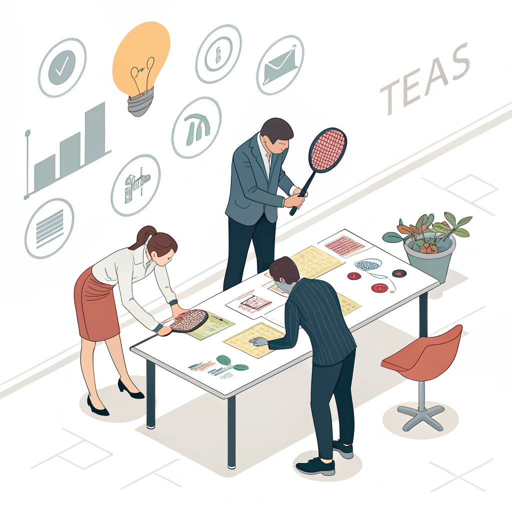 Minimalist scene of professionals reviewing padel racket challenges in a modern meeting room.