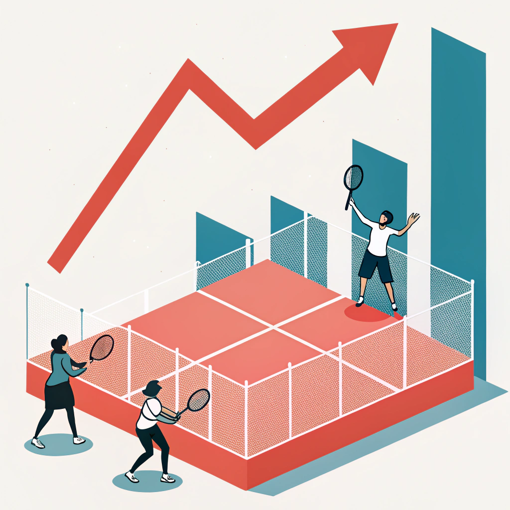 Minimalist padel court scene with players and rackets representing market growth.