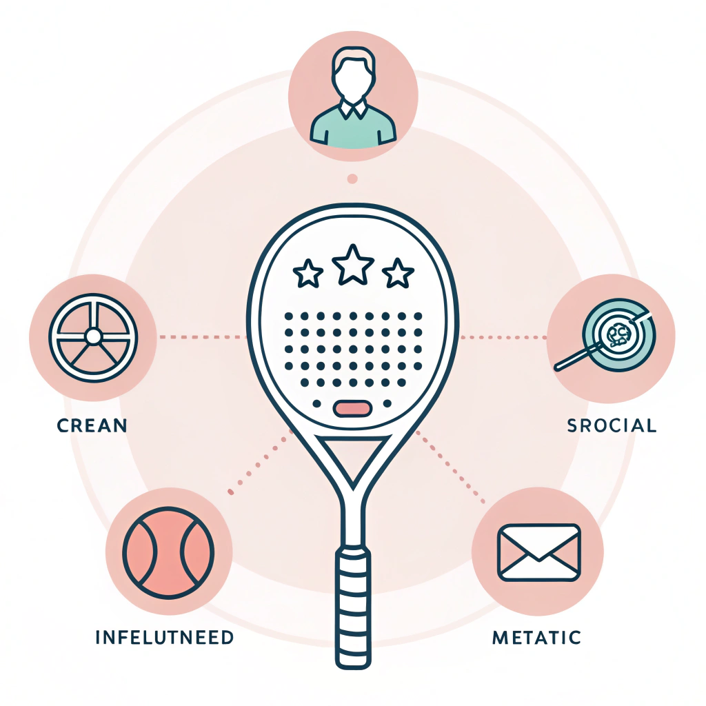 2D minimal illustration of a padel racket with social proof icons surrounding it