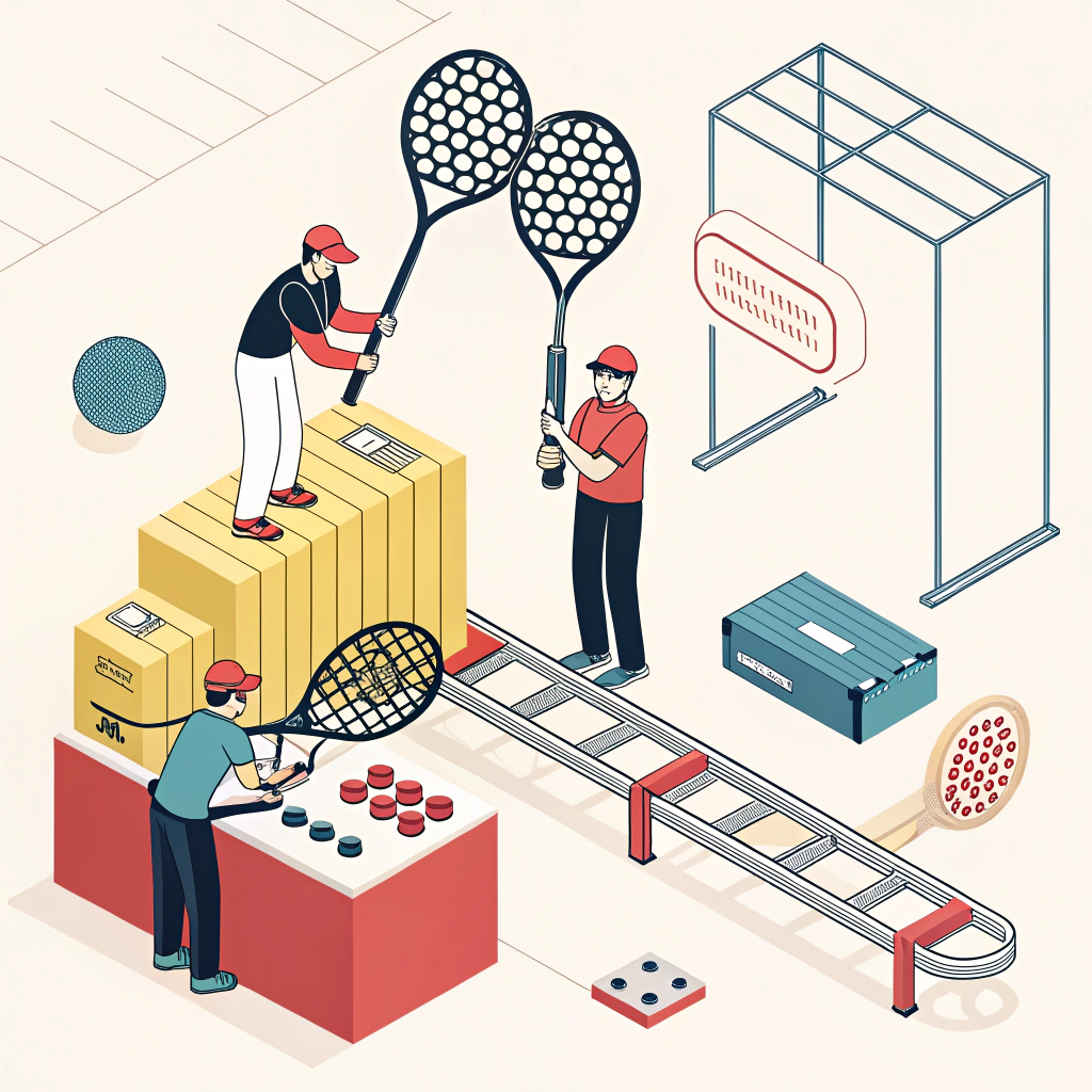 Minimalist 2D flat design showing padel racket production with abstract automation and quality control symbols.