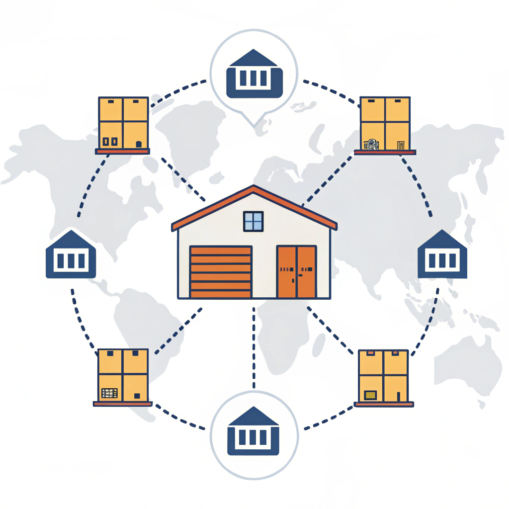minimal flat design showing warehouse nodes connecting on a world map