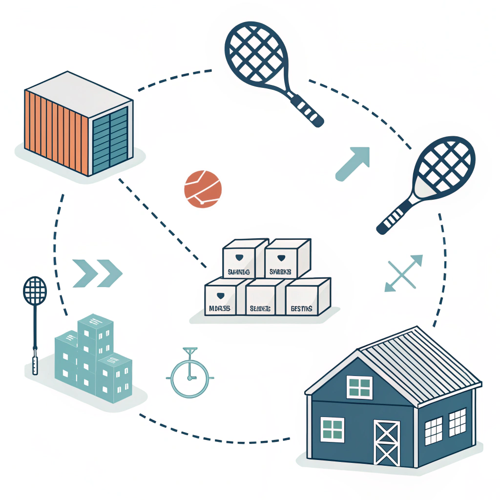 Minimal 2D illustration of padel rackets and shipping icons in flat design