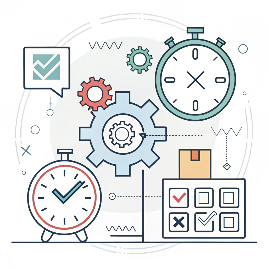 Minimal flat illustration depicting quality control and on-time delivery in manufacturing.