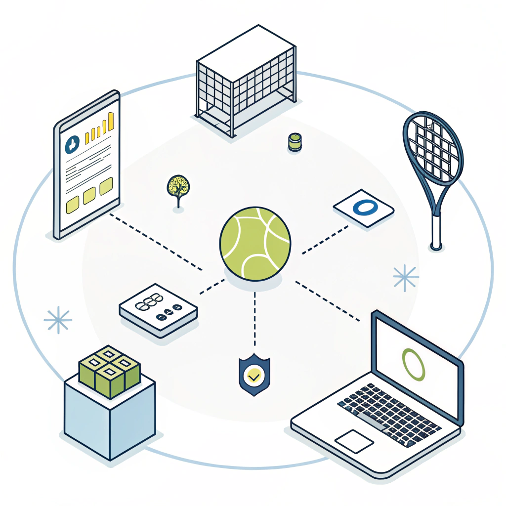 Minimalist 2D illustration featuring interconnected icons of padel club innovative add-on services.