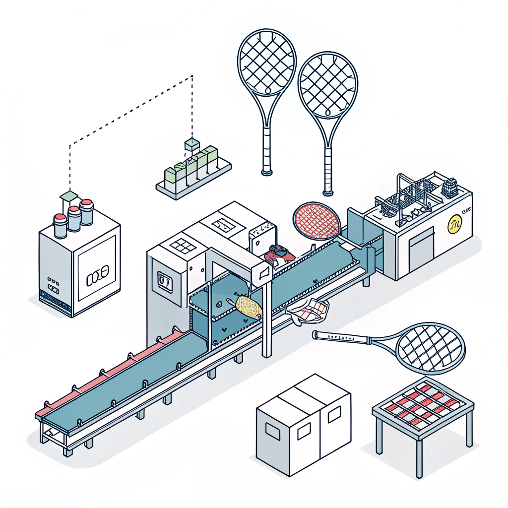 Minimalist 2D illustration of padel racket production highlighting speed and quality.
