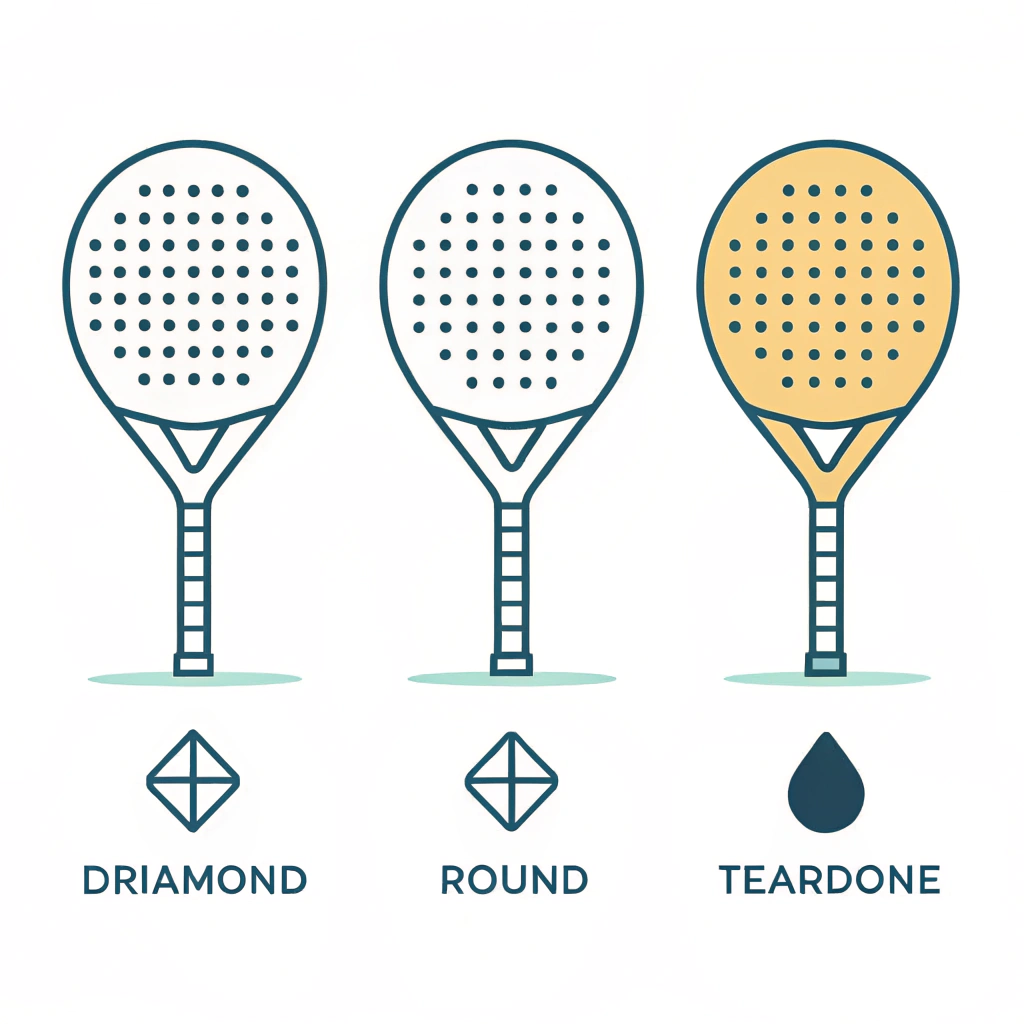 "Flat design illustration displaying three unique padel racket shapes in minimalist style."