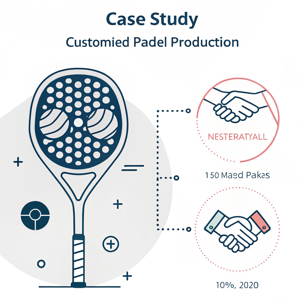 Minimal flat illustration of a custom padel racket and abstract partnership elements