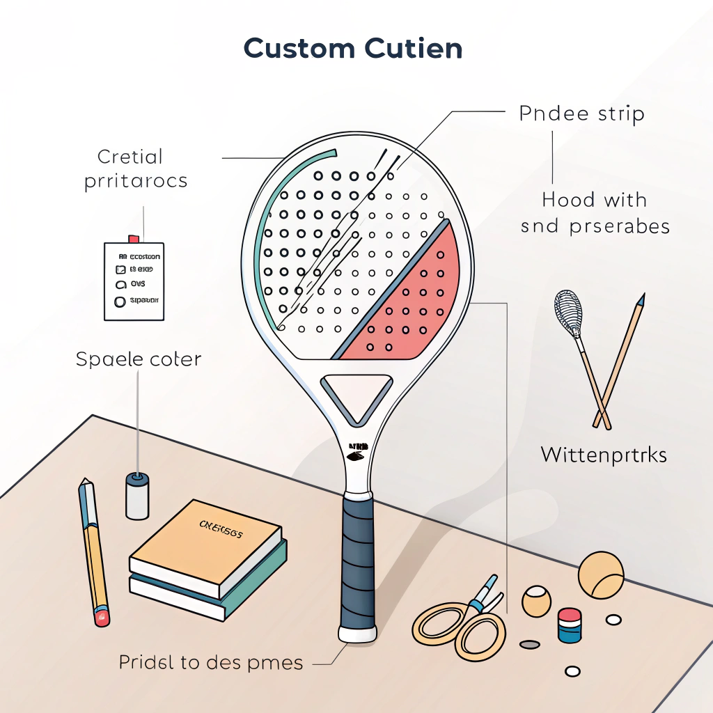 Minimalist 2D depiction of padel racket customization and personalization.