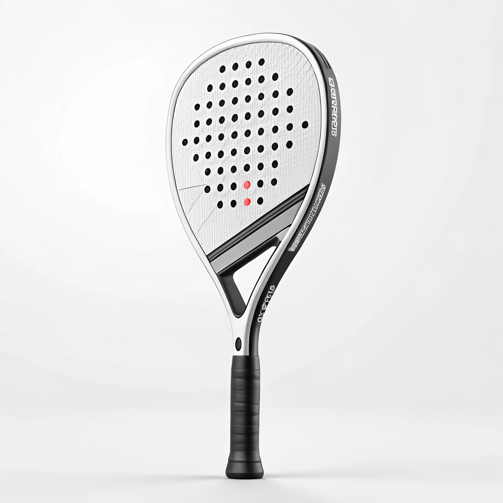 Minimalist 2D illustration of a custom padel racket highlighting performance and brand aesthetics