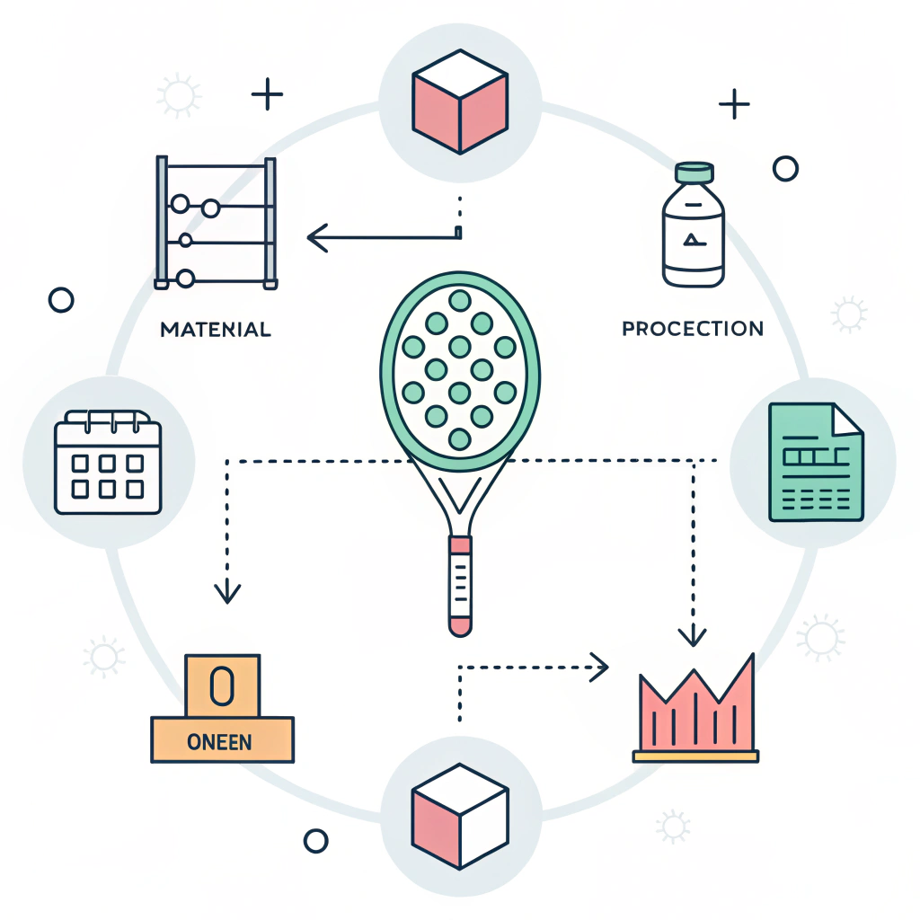 Simple 2D illustration of padel racket OEM process with abstract production icons