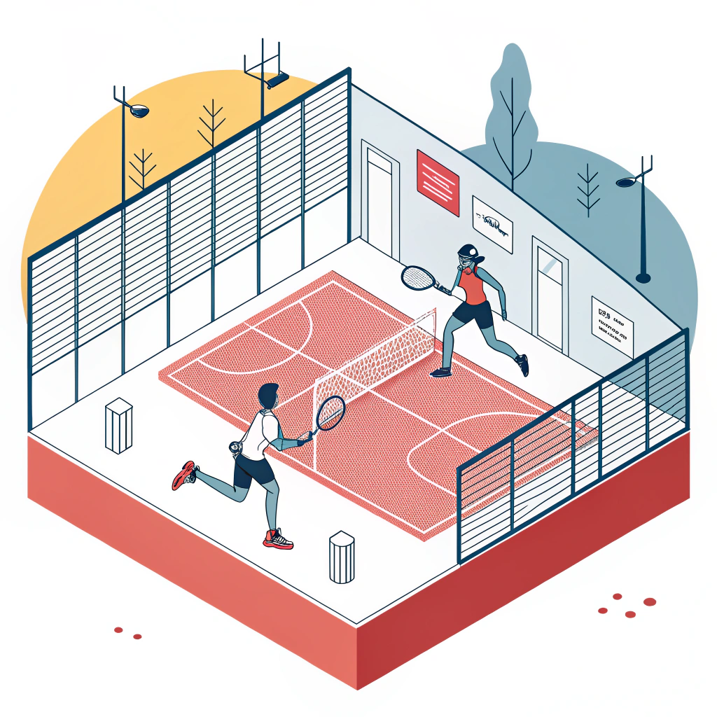 Minimalistic flat design of a padel court with dynamic players and sports facility elements
