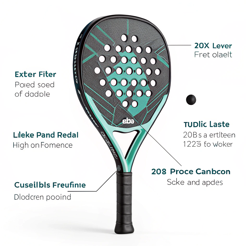 Minimalistic illustration of a modern 12K Carbon Fiber padel racket with sleek geometric forms and customizable details