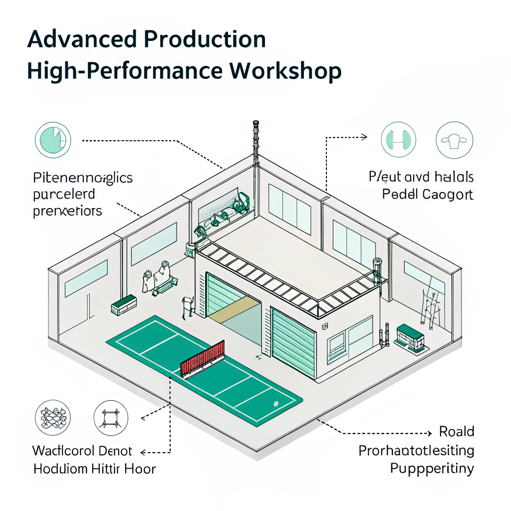"Minimalistic 2D illustration of a workshop producing high-performance padel equipment"