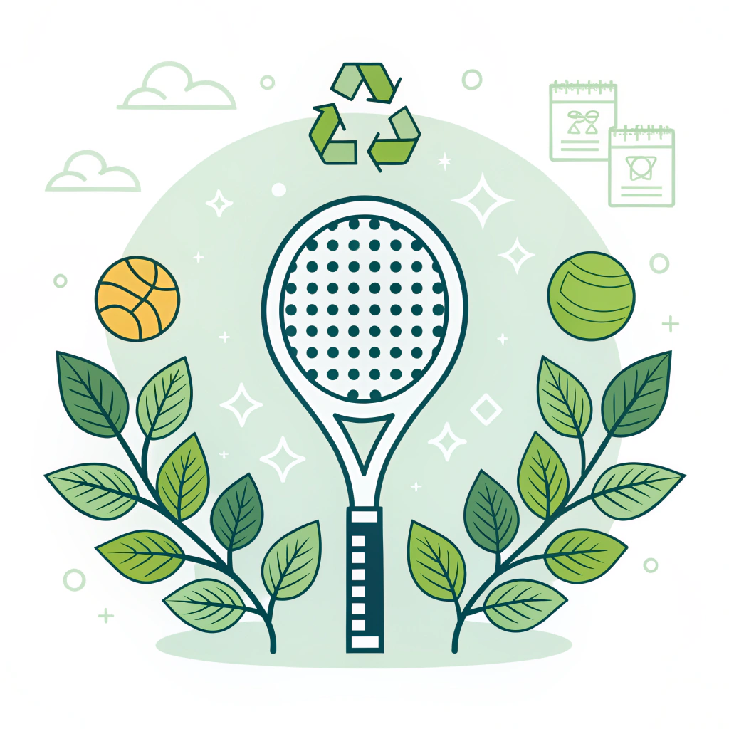 2D minimalist padel racket with green eco symbols and production elements