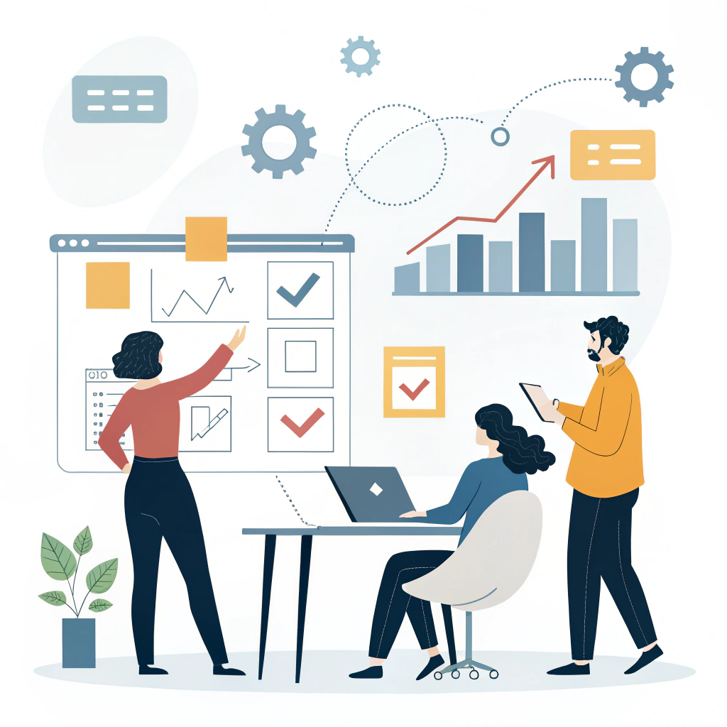 Minimalistic 2D depiction of collaborative production scheduling and prototyping process.