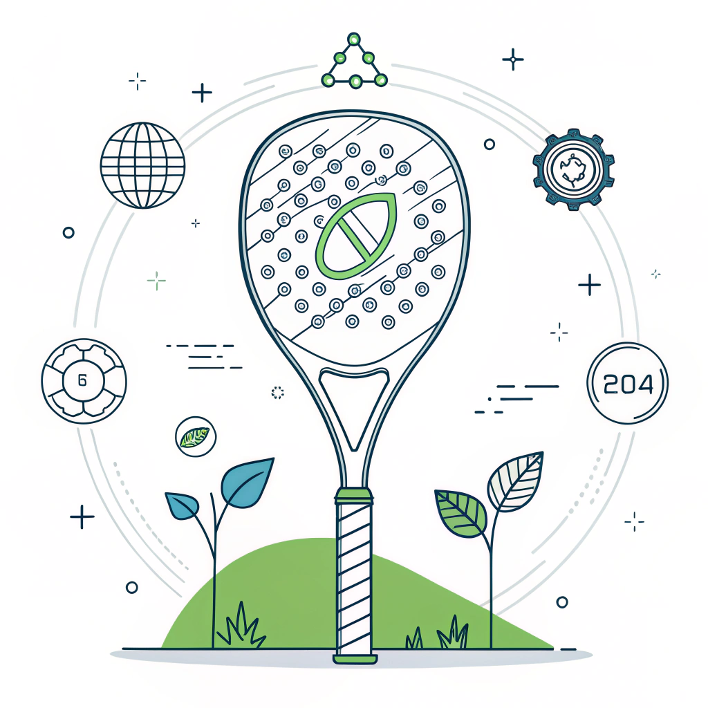 Minimalistic futuristic illustration of padel racket design with sustainable and tech-inspired elements