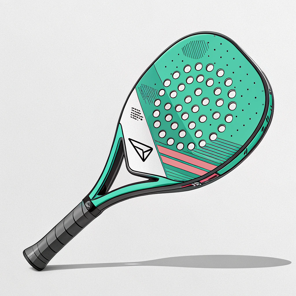 Minimalist flat illustration of a teardrop padel racket with vibrant custom graphics and defined design details.