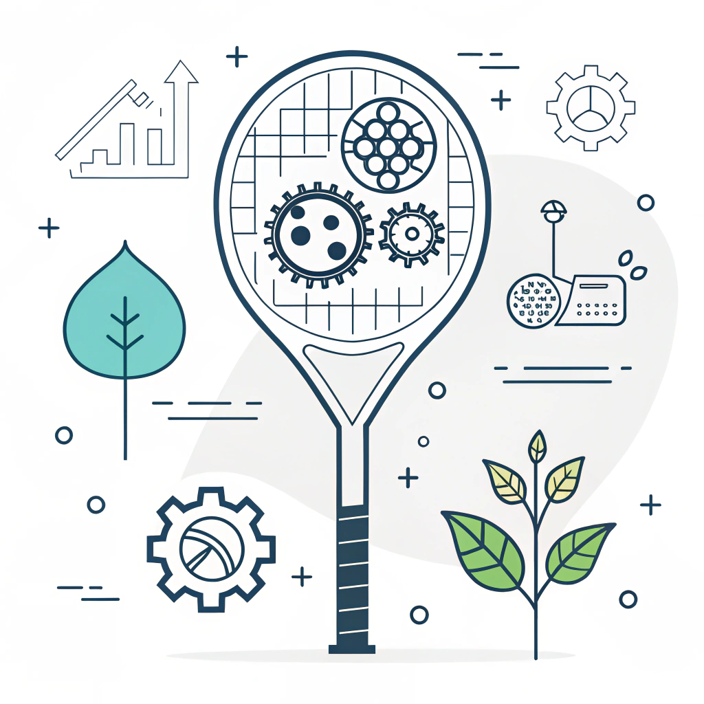 Minimal 2D illustration merging padel rackets with tech and sustainability icons.