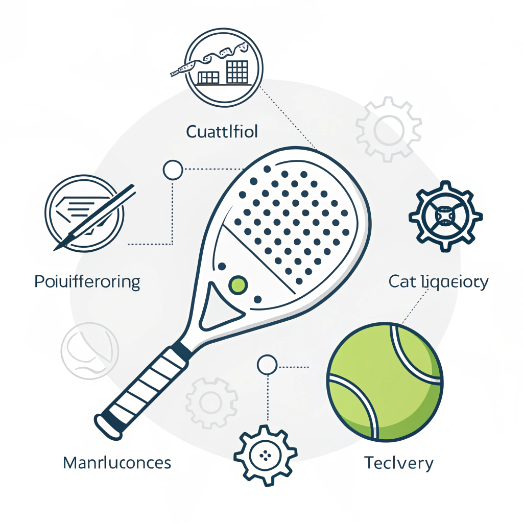 Minimal illustration of padel equipment production highlighting customization and innovation.
