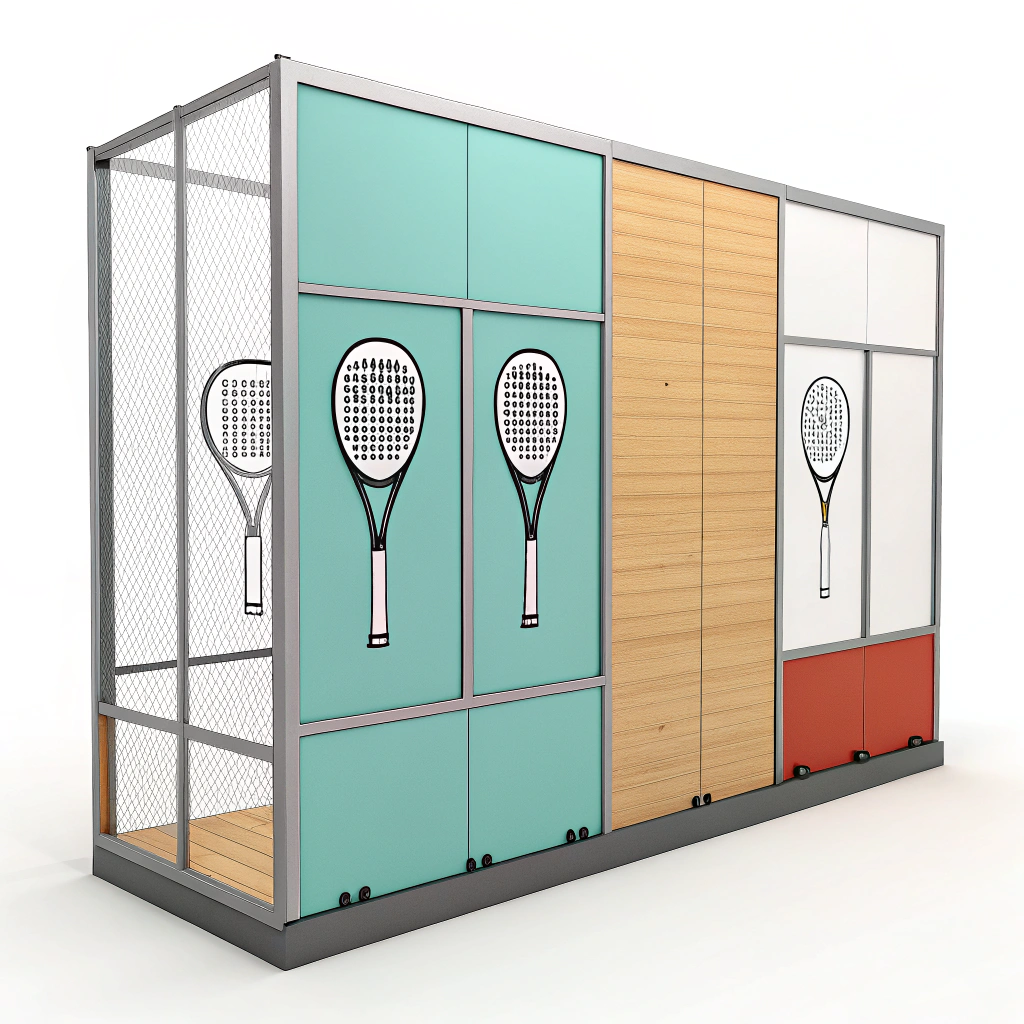 "a flat minimalistic illustration showing a modular padel racket display wall with various material options"