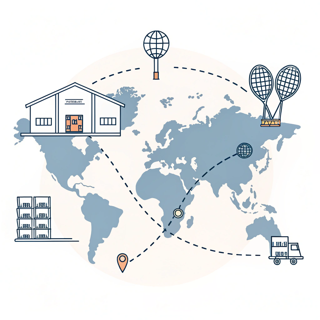 Minimal flat design of interconnected warehouses and padel sports icons in a global network.