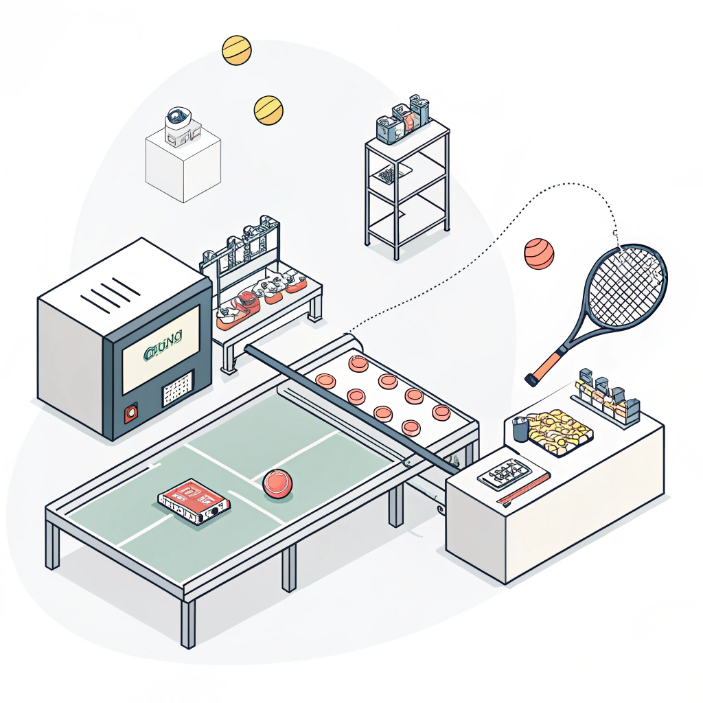 A flat-style illustration depicting a modern, small batch padel racket manufacturing process with customization details
