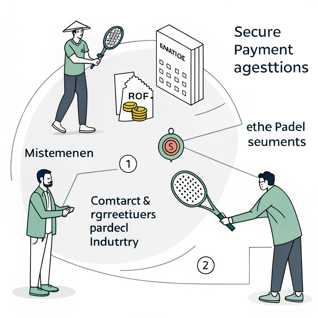Minimalistic 2D illustration symbolizing secure contracts and payment milestones in padel manufacturing.