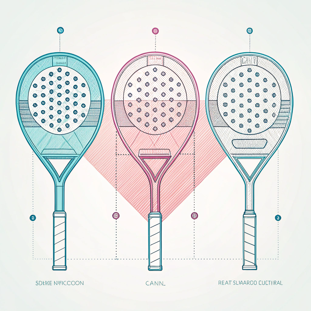 A clean 2D flat design showing three custom padel rackets with technical exploded view elements and soft gradients
