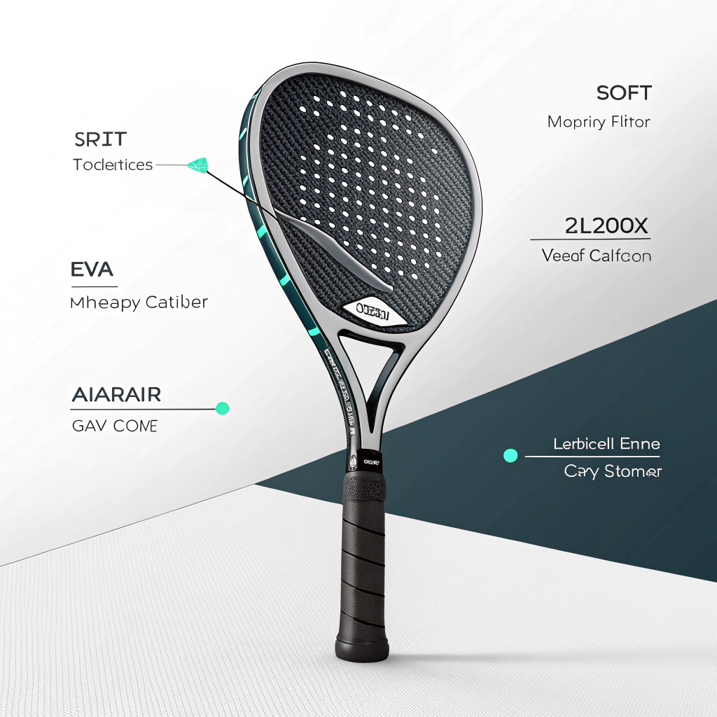 Minimalist 2D illustration of a futuristic padel racket showcasing advanced materials and engineering details.