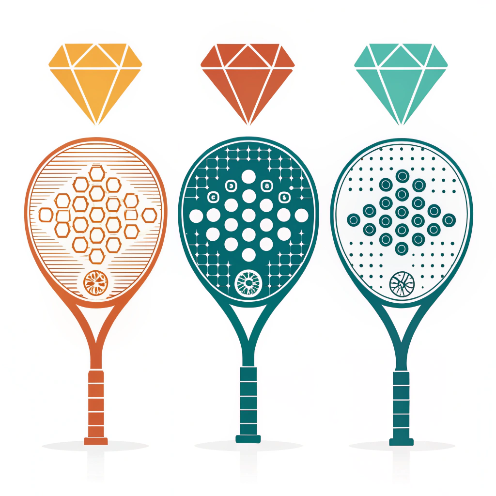 A clean 2D illustration featuring geometric padel rackets with abstract symbols of manufacturing and customization