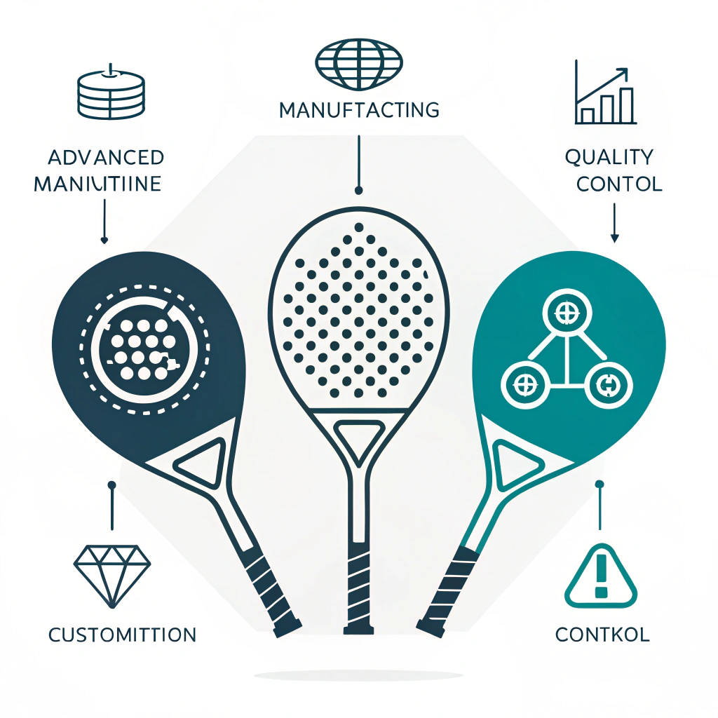 Flat minimal illustration of padel rackets paired with abstract manufacturing symbols highlighting advanced production techniques