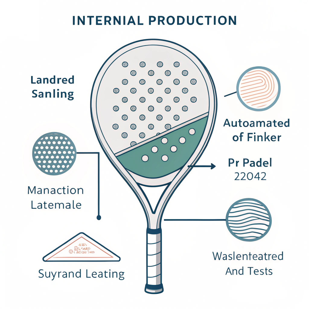Flat design depicting layered internal structure and production details of a padel racket.