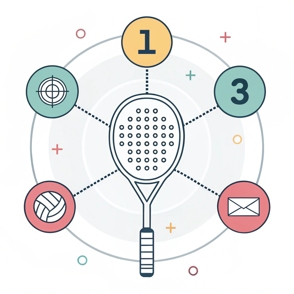 Minimal 2D art of a padel racket with network nodes representing diverse channels