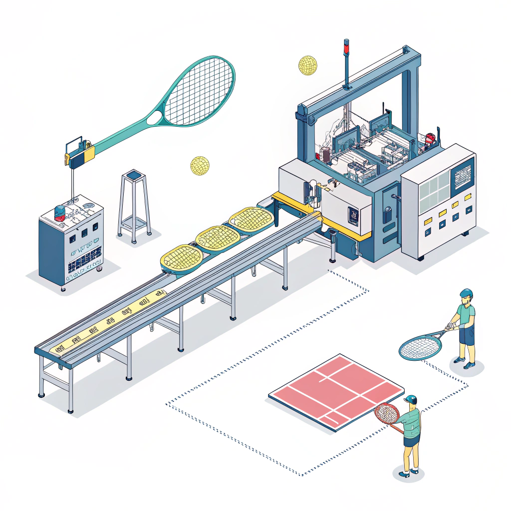 Minimalist 2D depiction of an automated padel racket production line