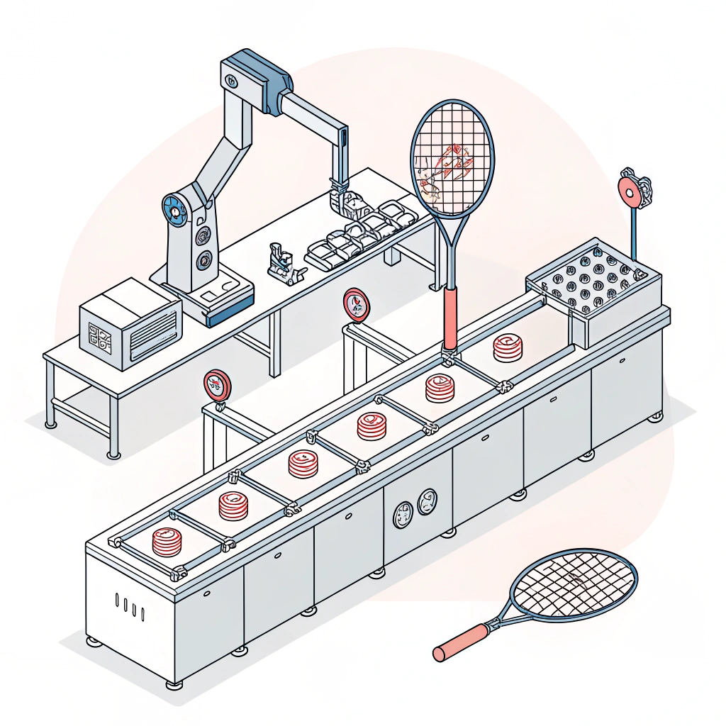 2D flat illustration showing a padel racket production line with quality control stations
