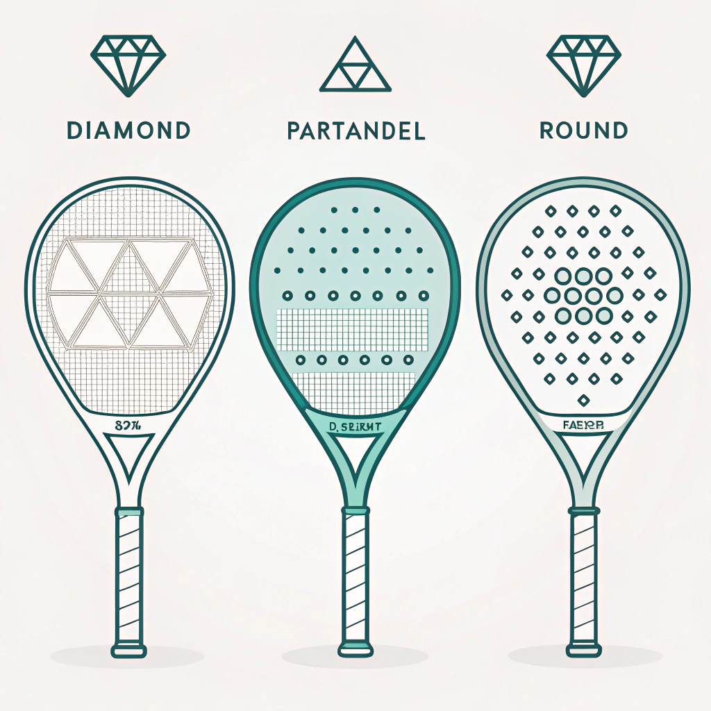 Minimalist 2D illustration of three distinct padel racket shapes