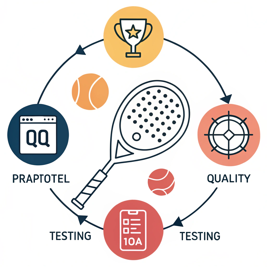 "Minimalist illustration of padel paddle customization and quality assurance process"