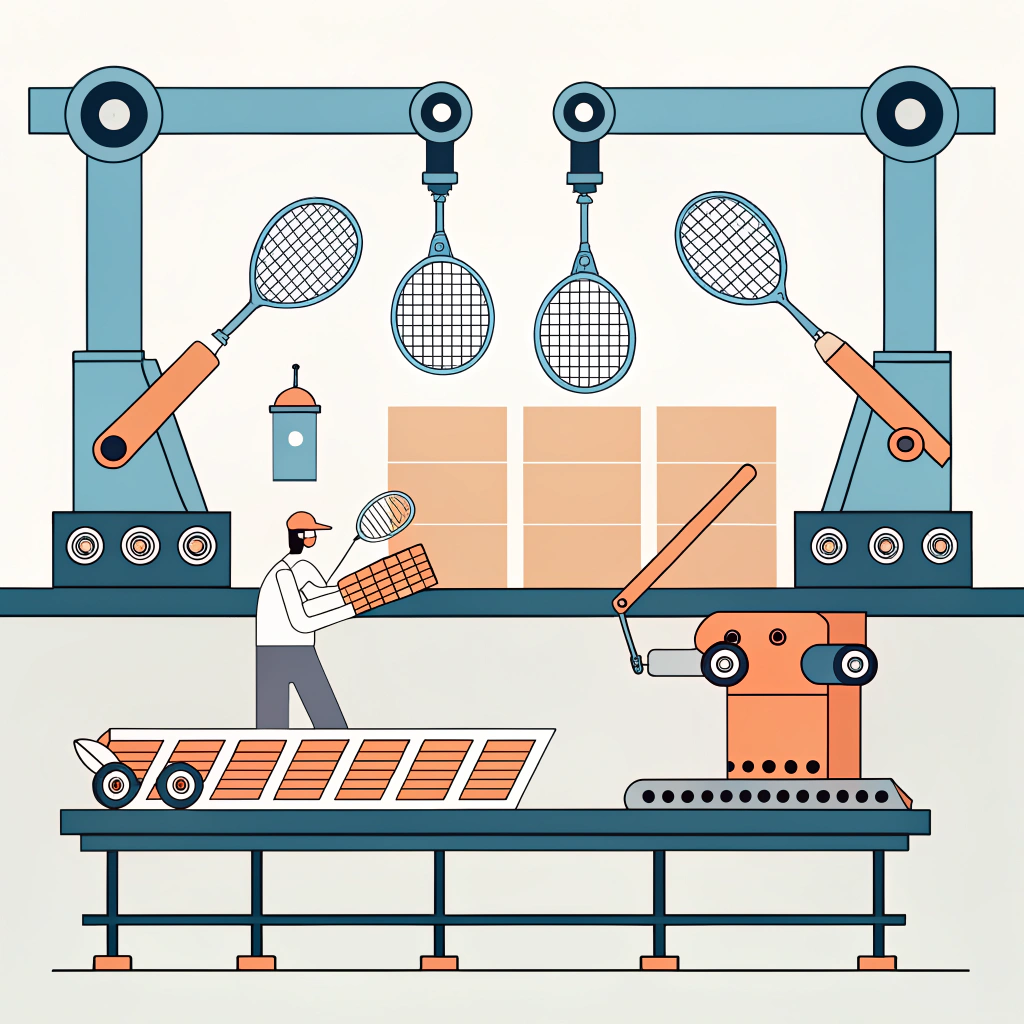 Minimal illustration of a modern production line for padel rackets using carbon fiber.