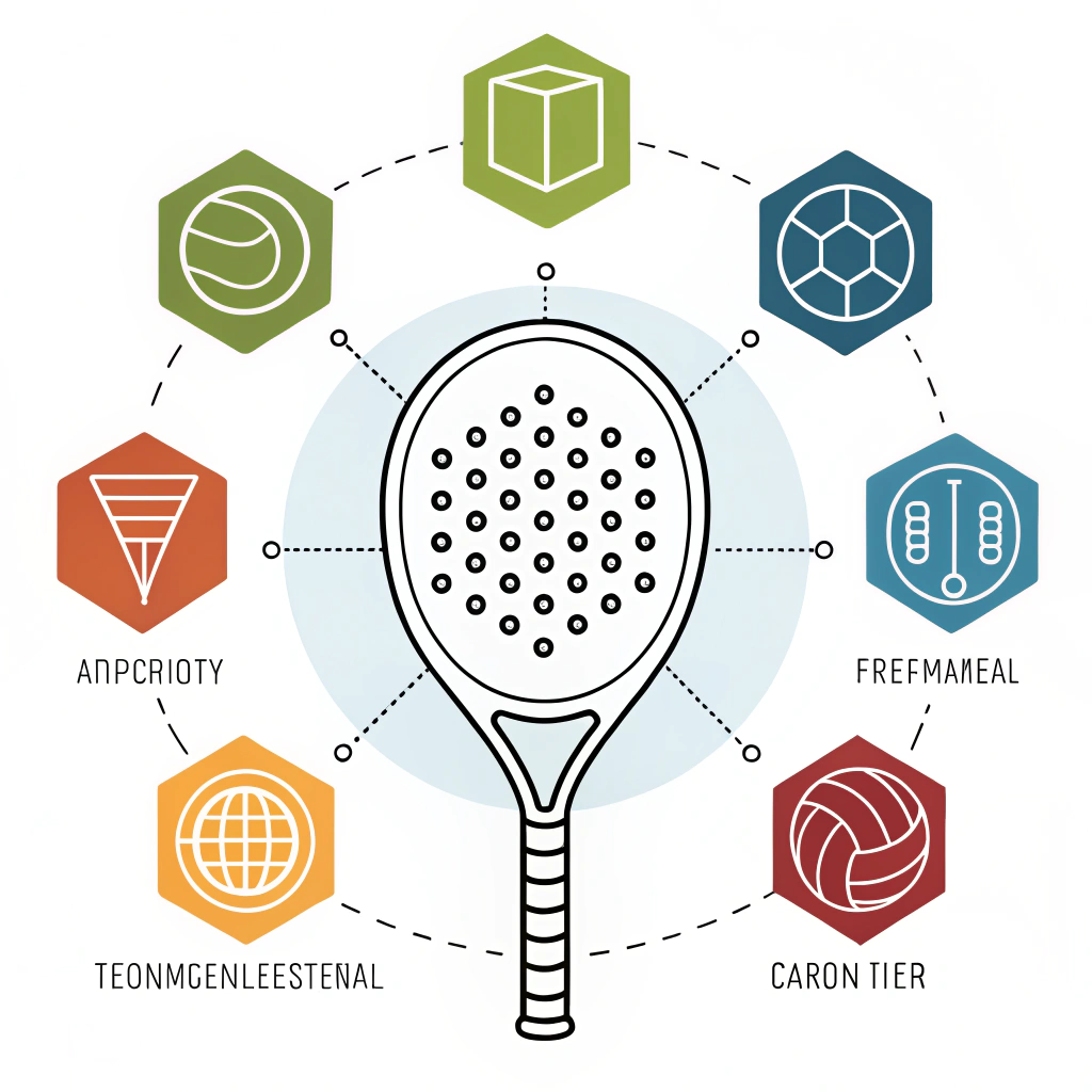 2D minimalistic padel racket with abstract technology icons conveying advanced manufacturing