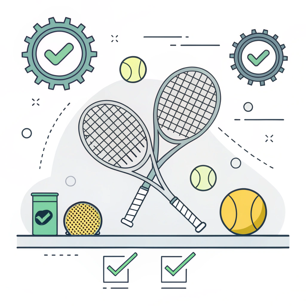 Minimalist illustration of padel accessory quality control with inspection symbols