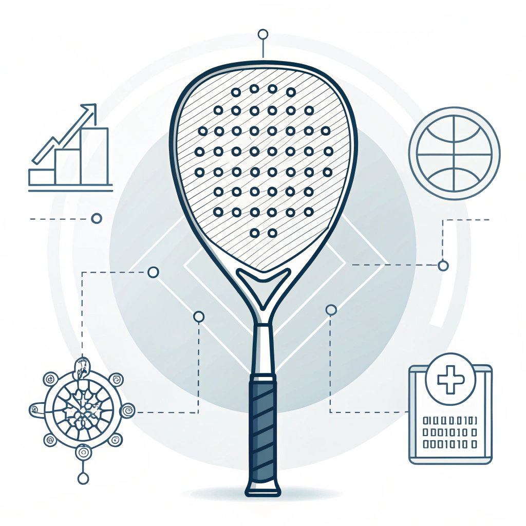 Minimalist illustration of a high-tech padel racket with abstract production elements
