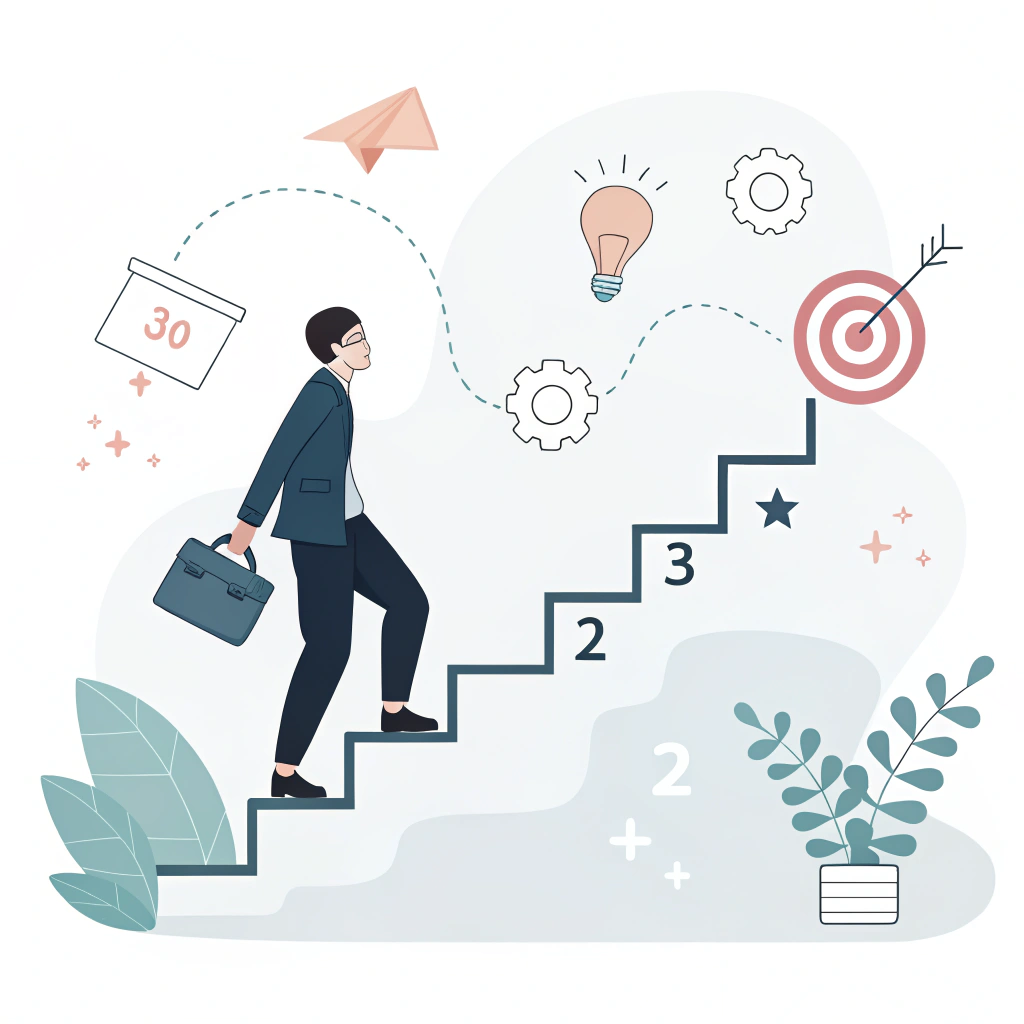 2d minimalist illustration of a business person ascending steps on a roadmap to success