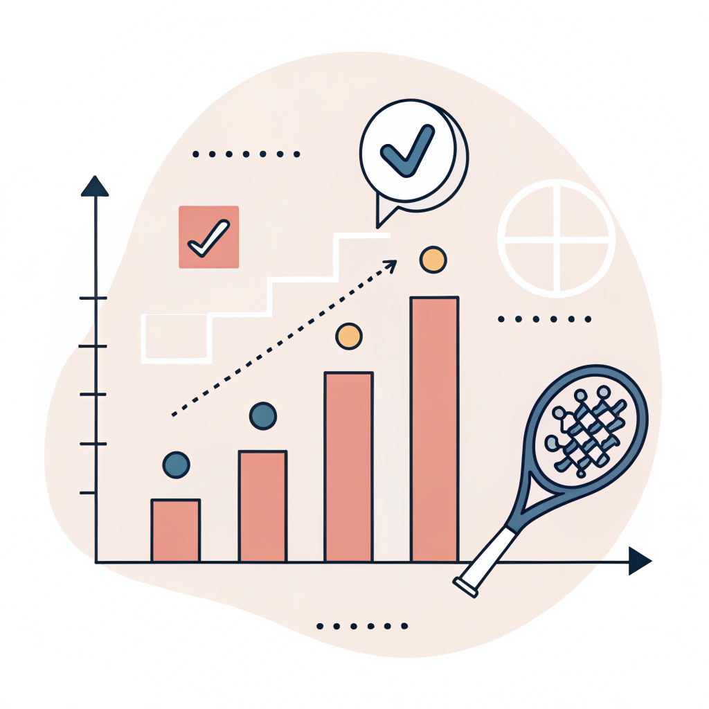 Minimal 2D illustration of padel metrics with charts, icons, and a racket symbol