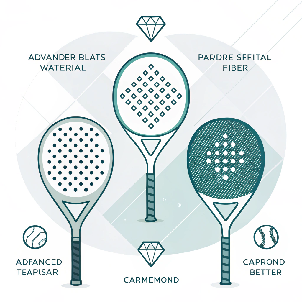 Minimalistic 2D illustration of padel rackets in various shapes with advanced material textures.